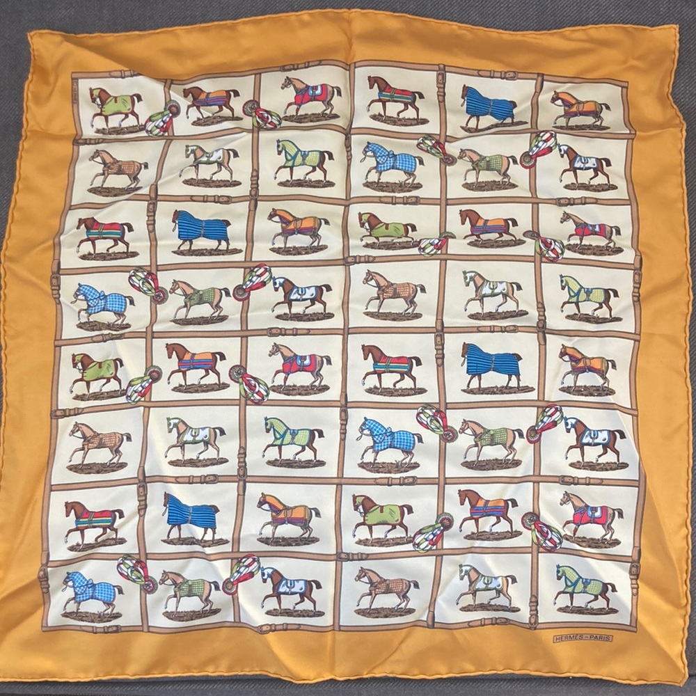 Authentic Unused Petit Carre Hermes Silk Scarf with Horses in Blankets